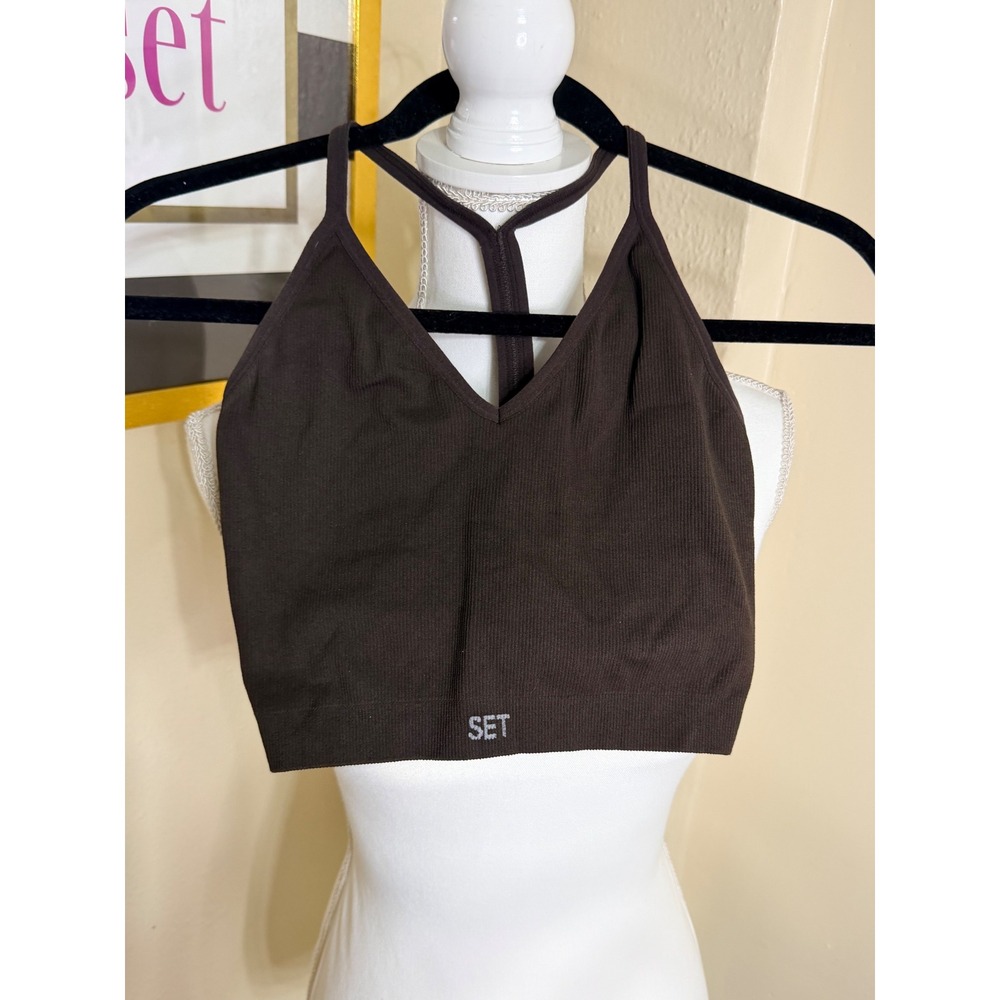 Set Active Ribbed V-Neck Sports Bra Espresso Brown Y-Back Workout Top Large